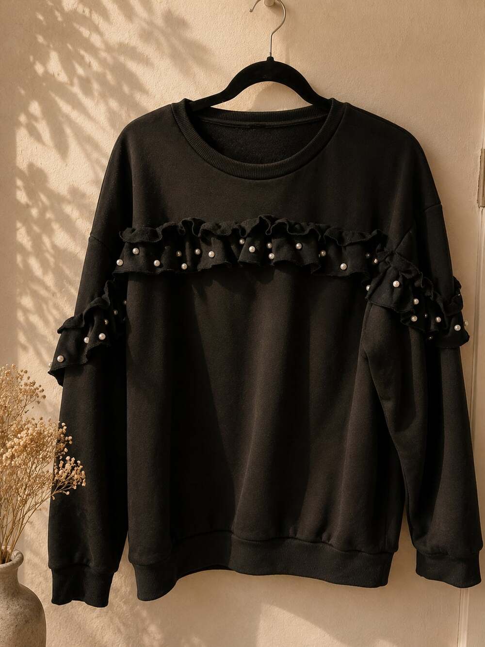 Sweatshirt with Ruffle Chest Detail and Pearls